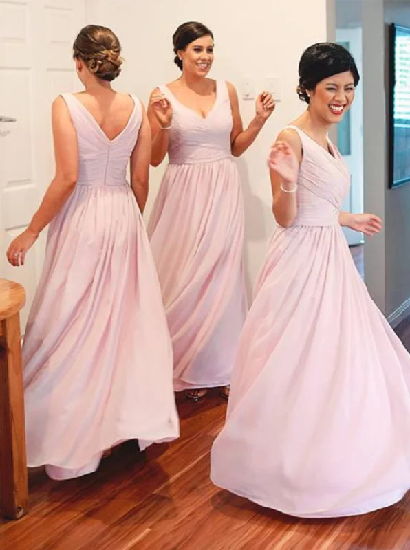 Step Ahead, Lead The Trend Statement Piece Simple A-Line V Neck Floor Length Pink Bridesmaid Dress