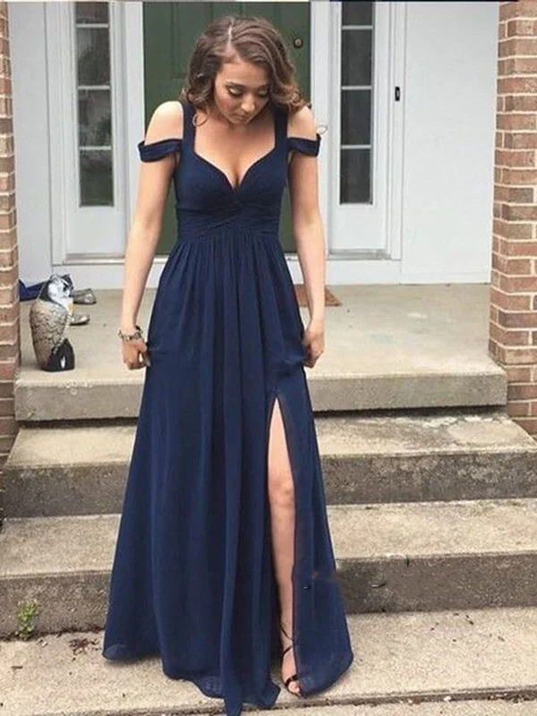 Fresh Styles, Fresh Deals Lightweight Fabric Custom Made A Line Off Shoulder Navy Blue Long Prom Dress, Navy Blue Formal Dress, Bridesmaid Dresses