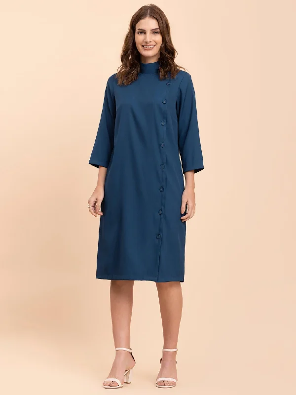 Evening Elegance Polished Finish High Neck Button Down Shirt Dress - Teal