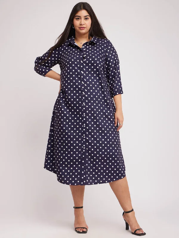 Vintage-Inspired Style Offers Playful Elegance Polka Print Shirt Dress - Navy Blue And White