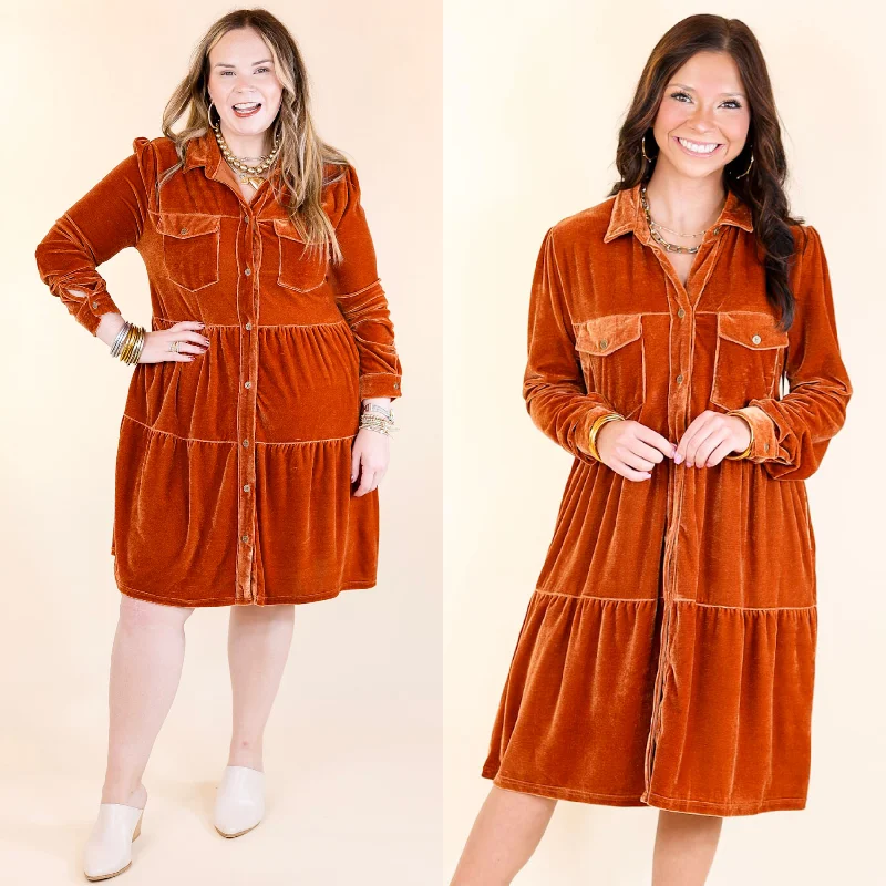 New Season Fashion Preview Charming Silhouette Grateful Gathering Velvet Button Up Dress with Long Sleeves in Burnt Orange