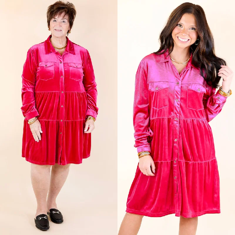 Trend Forward Threads Romantic Detailing Grateful Gathering Velvet Button Up Dress with Long Sleeves in Raspberry Pink