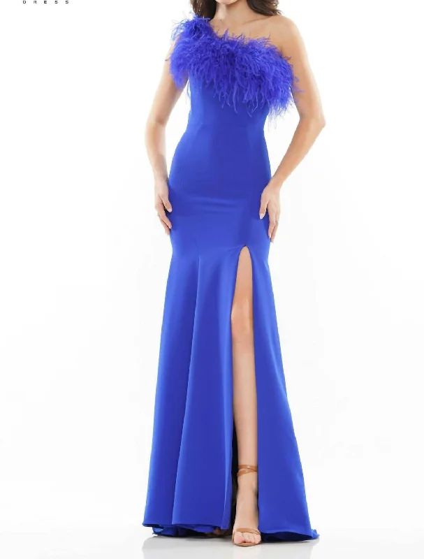 Inspired By You, Designed For You Vintage Elegance One Shoulder Feather Evening Gown In Royal Blue