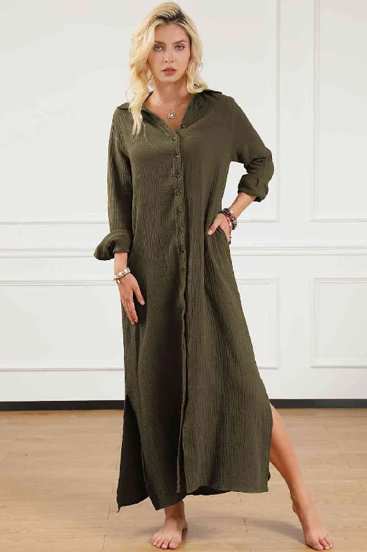 Trendy Street Style Casual Elegance Texture Collared Neck Button Up Slit Shirt Dress