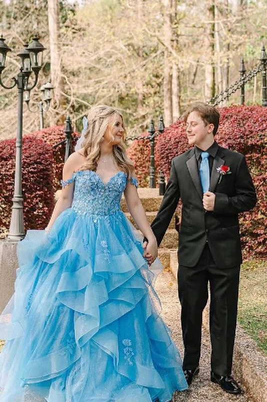 Inspired By You, Designed For You Final Clearance Roycebridal Blue Off the Shoulder Ruffle Tiered Tulle Long Prom Dresses with Appliques