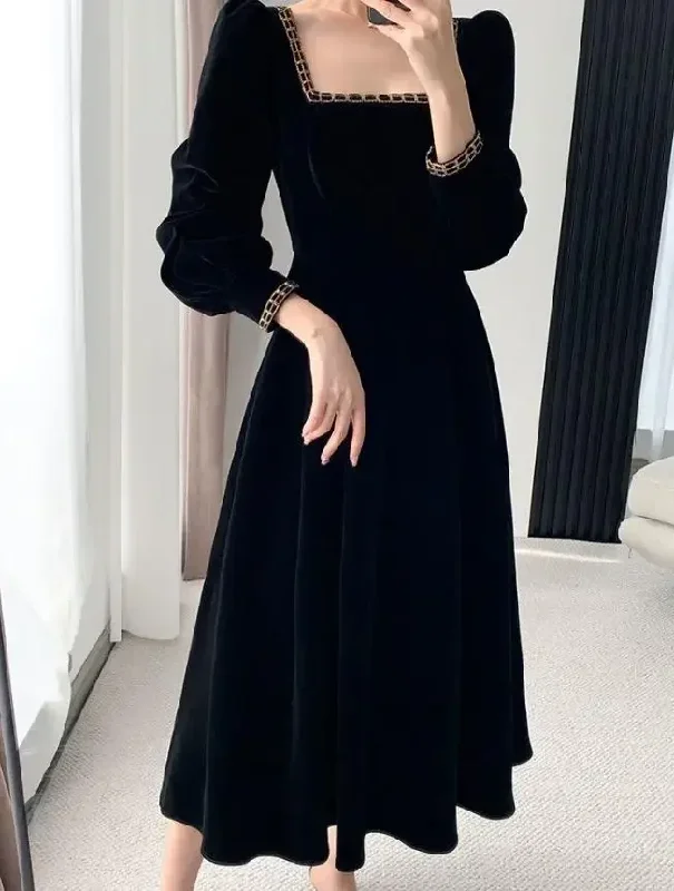 Trend Forward Threads Elegant Contour Velvet Dress Women Long Sleeve Square Neck Elegant Bodycon Patchwork Fashion Evening Dress Y6744