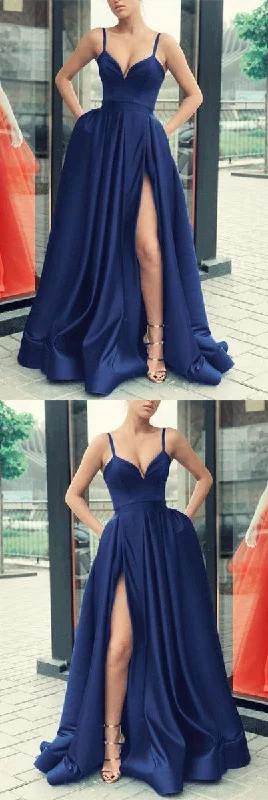 The Latest Fashion Trends Polished Finish navy blue evening gowns,navy blue prom dress,long prom dress,long formal dress,slit bridesmaid dresses cg1574