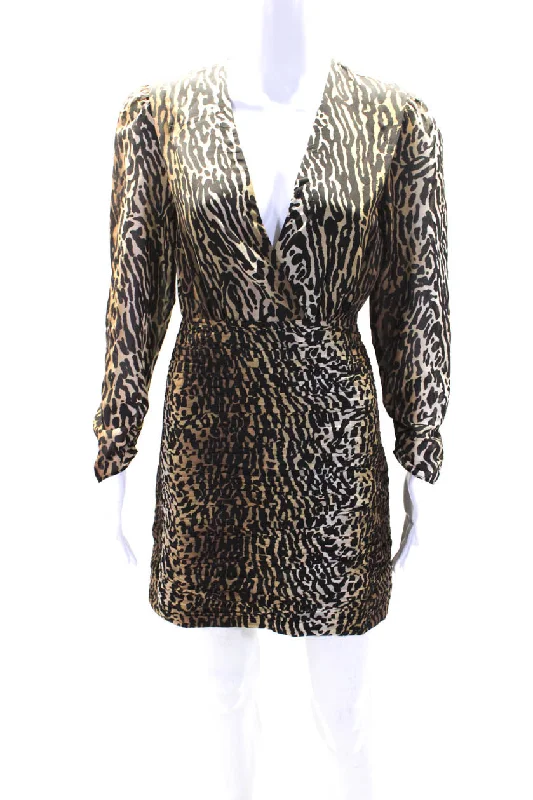 Day-To-Night Styles Vintage Charm Rixo Womens Side Zip Long Sleeve V Neck Leopard Silk Dress Brown