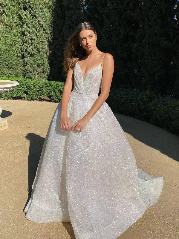 Trendy Looks On Sale Sleek Design Spaghetti Long A-line Shiny Sequin Tulle Wedding Dresses, Luxury Prom Dresses, Newest Bridal Gown, 2022 Prom Dresses