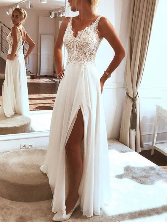 Special Offer For You Luxury Comfort White Patchwork Lace V-neck Sleeveless Backless Slit Elegant Maxi prom Dress cg3802