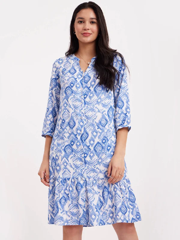 Premium Style Vibrant Prints Abstract Print Shirt Dress - Blue And White