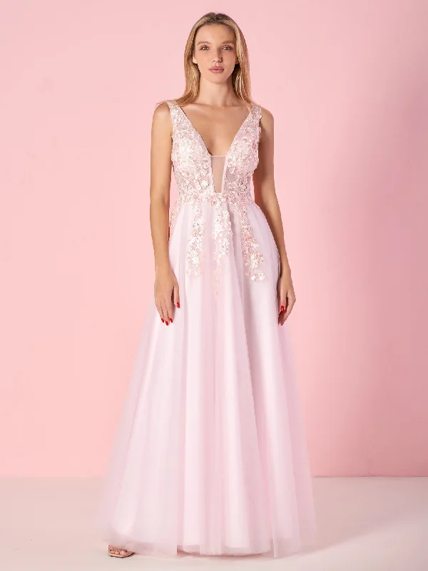 Cozy Comfort Style Sale Feminine Elegance Roycebridal Elegant A-line V-Neck Tulle Floor-Length Prom Dress with Lace Appliques