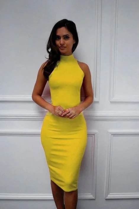 Trendy Women'S Wear Collection Parisian Effortless Chic Style Simple Sleeveless Stretch Sexy Party Dress ,Yellow Prom Dress   cg9612