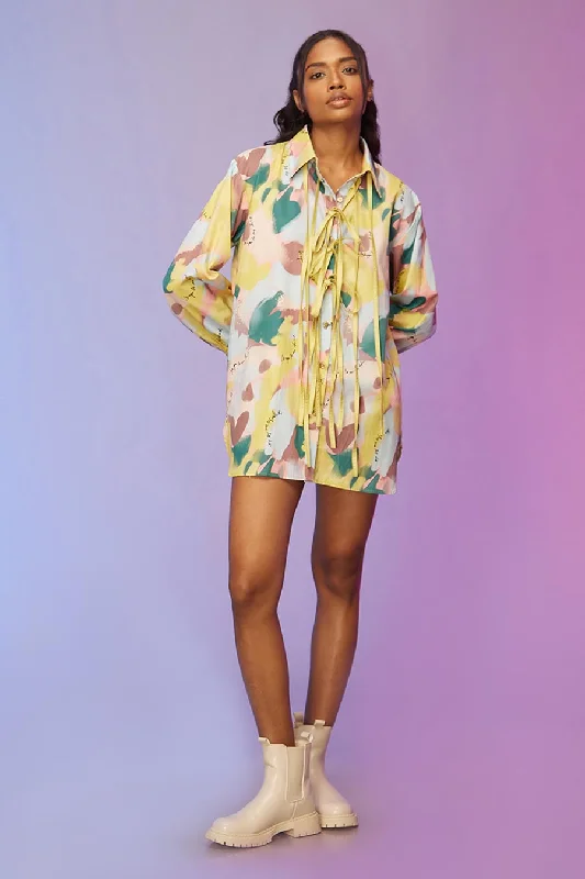 Polished Style Deals Feminine Elegant Yellow Printed Drawstring Short Shirt Dress