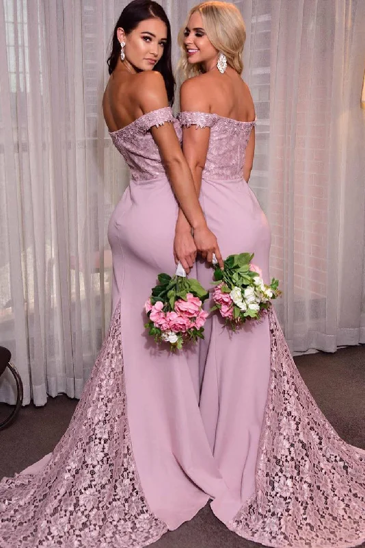 Flash Sale Now Today Only Elegant Off Shoulder Mermaid Lilac Bridesmaid Dress with Train