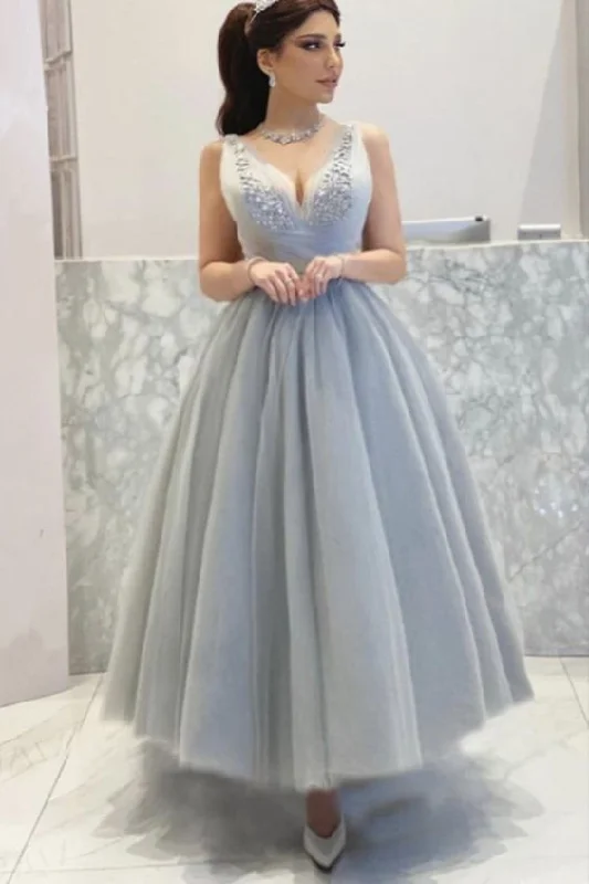 Chic And Edgy Alluring Design Elegant gray tulle prom dresses ankle length formal evening gown for bridal   cg14978