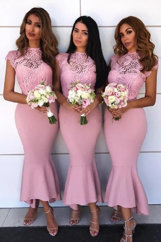 Discover Promotions Modern Romance Mermaid Jewel Lace Cap Sleeves Hi-Low Asymmetry Pink Bridesmaid Dresses prom dress evening dress      cg23735