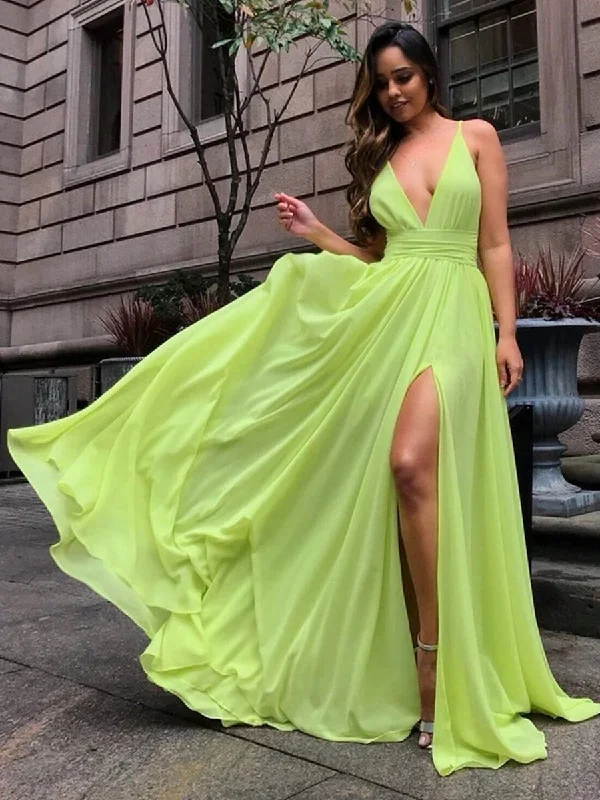 Chic Style, Always In Vogue Sophisticated Cut Simple V Neck Bright Yellow Chiffon Long Prom Dresses with Slit, V Neck Bright Yellow Formal Dresses, V Neck Yellow Bridesmaid Dresses