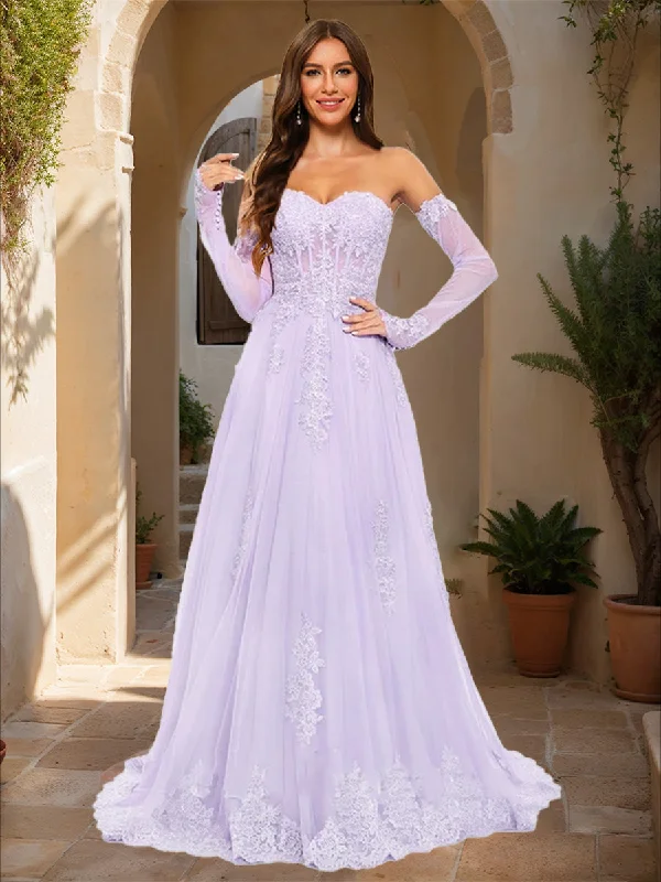 Fashionable Comfort Promotions Timeless Elegant A-Line/Princess Strapless Long Sleeves Lace Prom Dresses