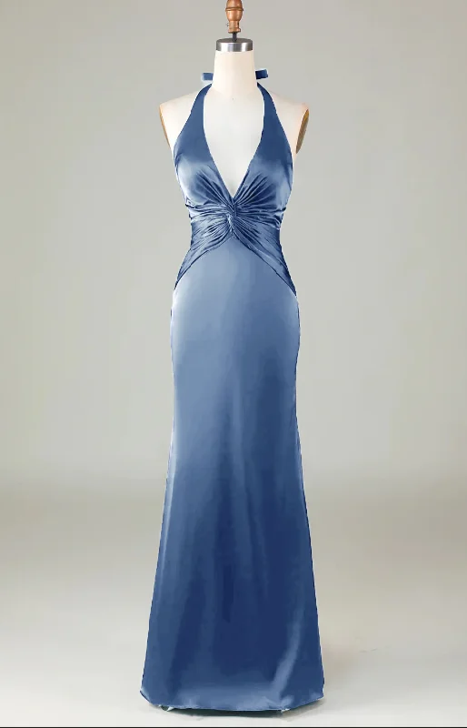 Fashion-Forward Effortless Grace Mermaid Halter Dusty Blue  Bridesmaid Dress BD1214