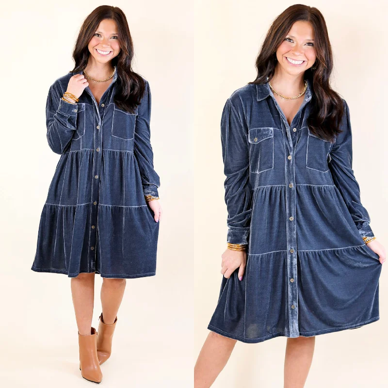 Step Ahead, Lead The Trend Vintage Elegance Grateful Gathering Velvet Button Up Dress with Long Sleeves in Steel Blue