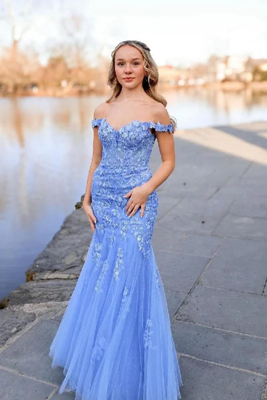 Massive Selection Sale Coastal Beach - Inspired Style Roycebridal Lavender Off the Shoulder Tulle Appliques Mermaid Long Prom Dresses