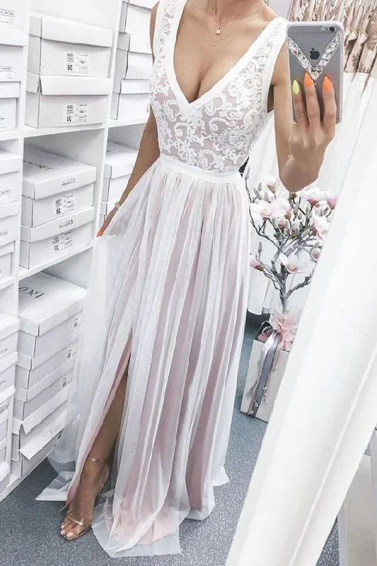 Trend Forward Threads Urban Sophistication Light pink tulle lace long prom dress tulle lace bridesmaid dress      cg22479