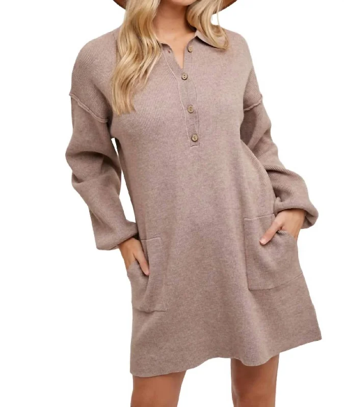 Vintage-Modern Style Offers Playful Elegance Anytime Ribbed Shirt Dress In Latte