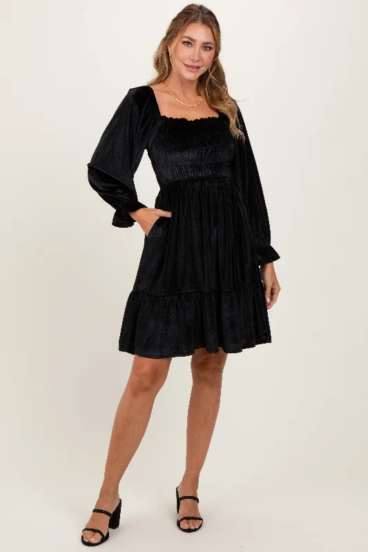 Mega Sale Hollywood Glam Award - Show Style Black Velvet Smocked Long Sleeve Dress