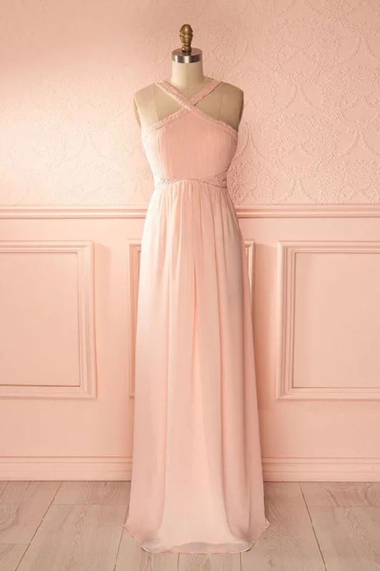 Comfortable Chic Elegant Ensemble Pink chiffon V neck strapless long sweet 16 prom dress, long open back bridesmaid dress  cg7087