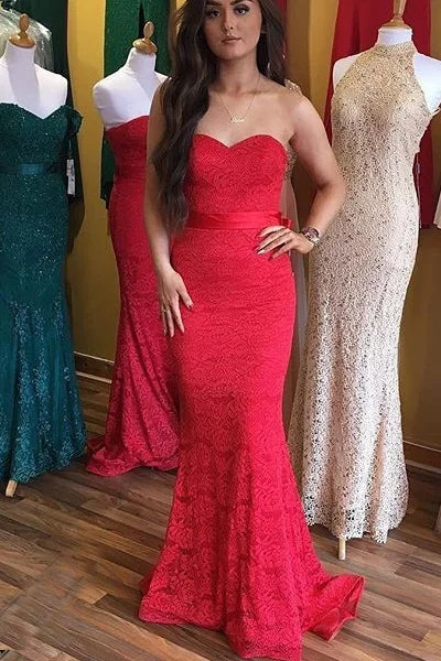 Flash Sale, Don'T Miss Chic Sophistication Elegant Sweetheart Mermaid Red Lace Long Bridesmaid Dress