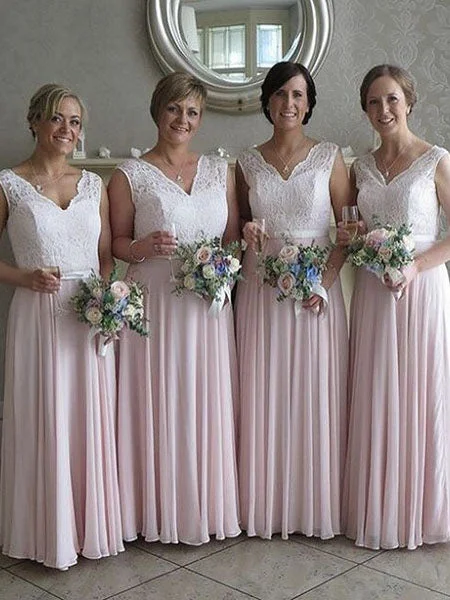 Chic And Edgy Contemporary Chic Gorgeous A-Line Pink Long Bridesmaid Dress with White Lace Top