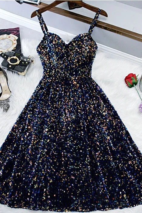 New In This Season Fashion-Forward Style Roycebridal Glitter Spaghetti Straps Cute Short Prom Dresseses Tight Tea Length Homecoming Dresses