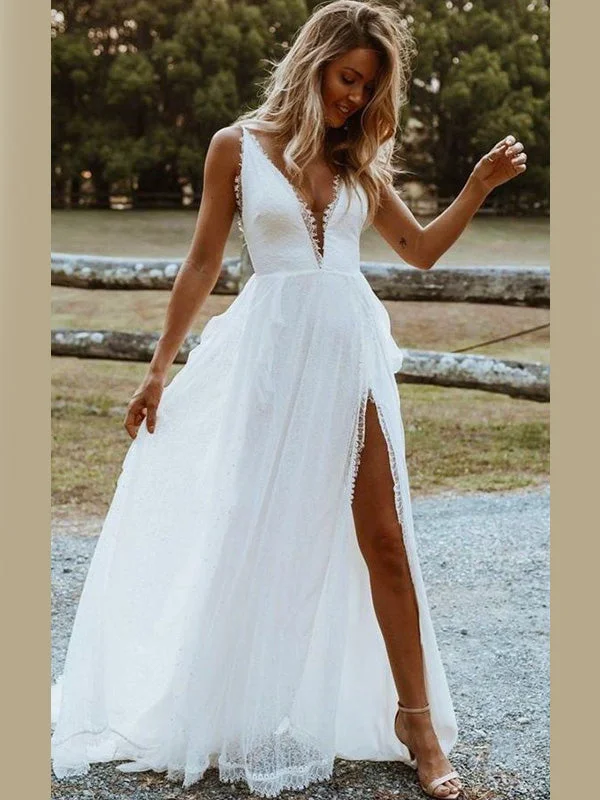 Seasonal Clearance Refined Simplicity Sexy V-Neck Side-slit Lace Long Beach Wedding Dresses, WD0590