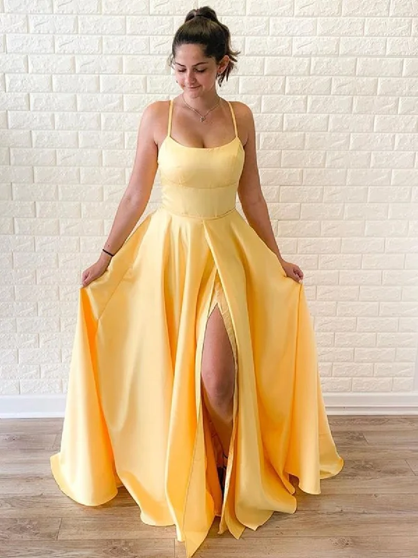 Trend Leading Collection Alluring Design Simple A Line Yellow Long Prom Dresses with High Split, Cheap Yellow Formal Graduation Evening Dresses, Yellow Bridesmaid Dresses